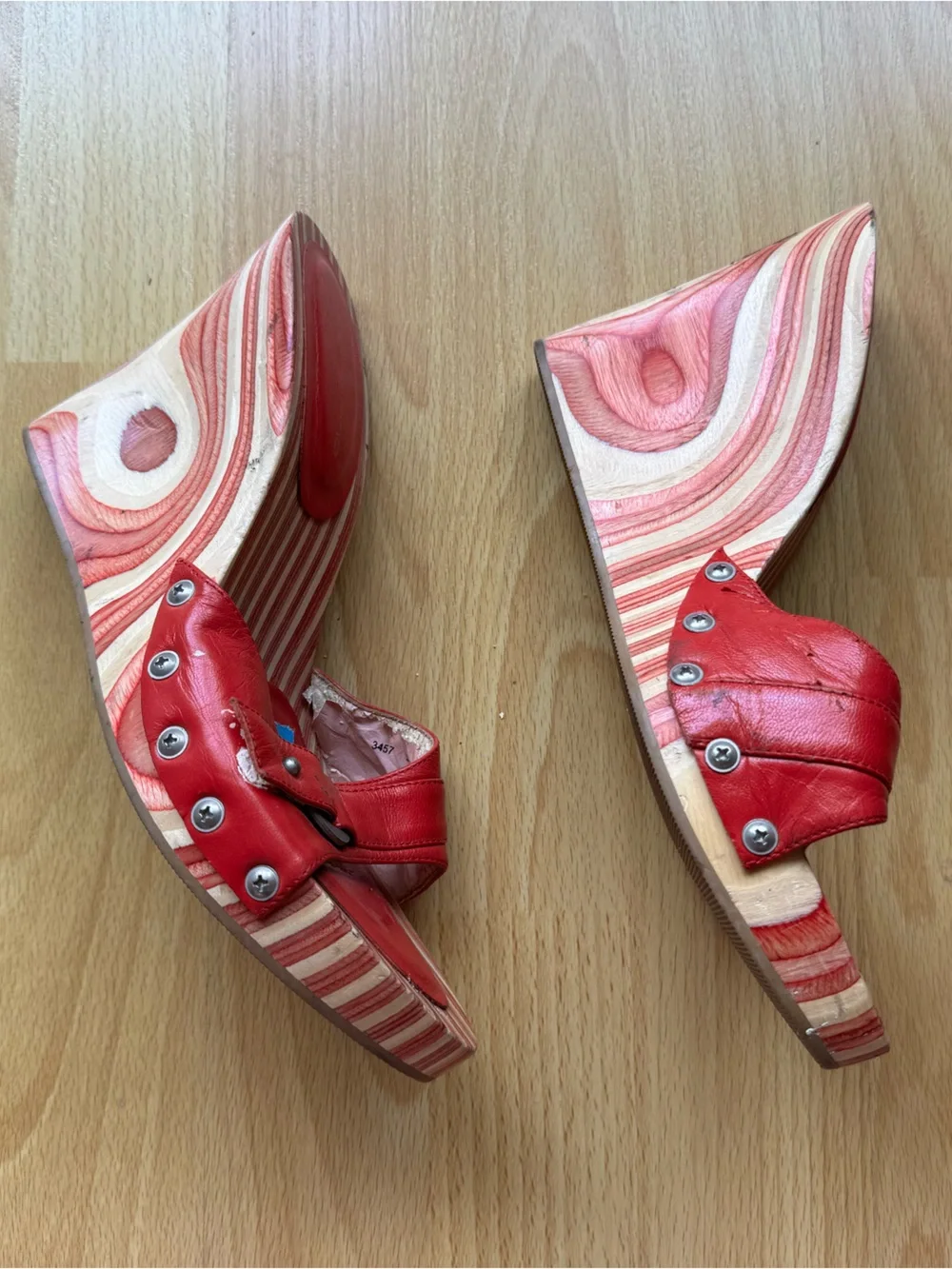 Vintage Fornarnia red leather and wood wedge sandals